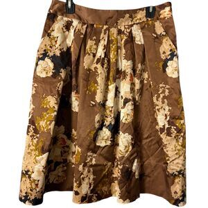 Talbots Womens Pleated Floral Brown Satin Skirt Stretch Pockets Shiny sz 10